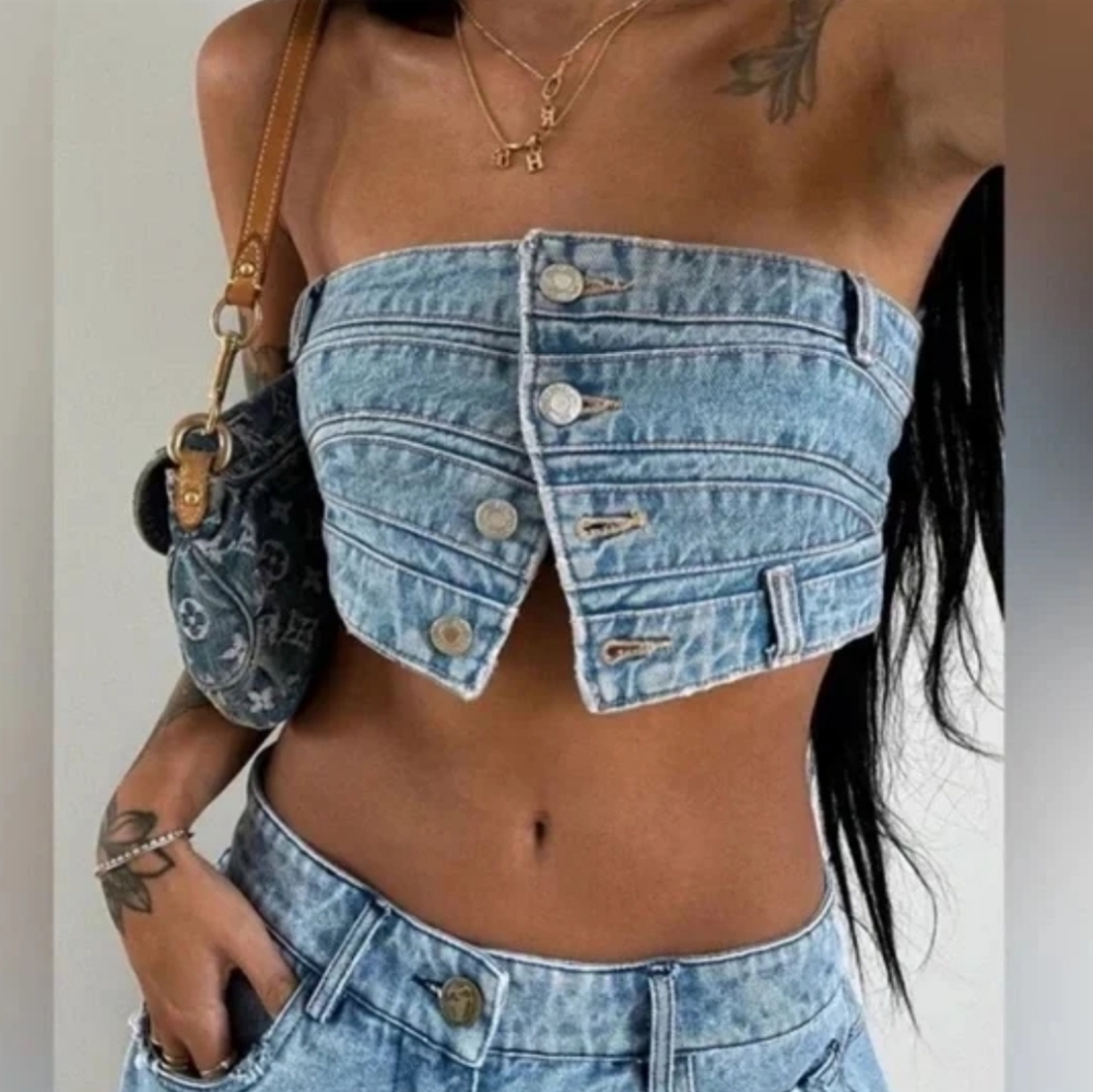 NWT Zara Strapless Corset Denim Bandeau Top